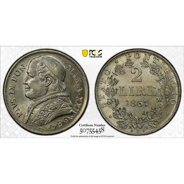 PAPAL STATES: Pius IX, 1846-1878, AR 2 lira, 1867-R year XXII, PCGS MS63