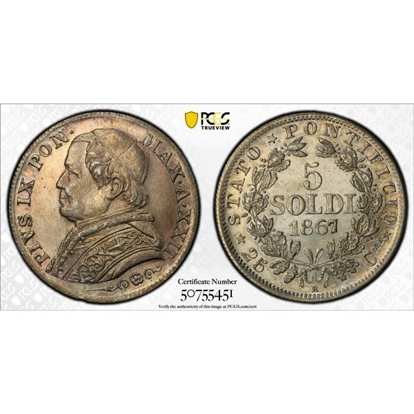PAPAL STATES: Pius IX, 1846-1878, AR 5 soldi / 25 centesimi, 1867-R year XXII, PCGS MS62