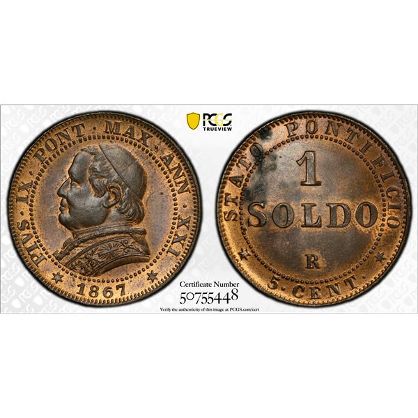 PAPAL STATES: Pius IX, 1846-1878, AE soldo, 1867-R year XXI, PCGS UNC details