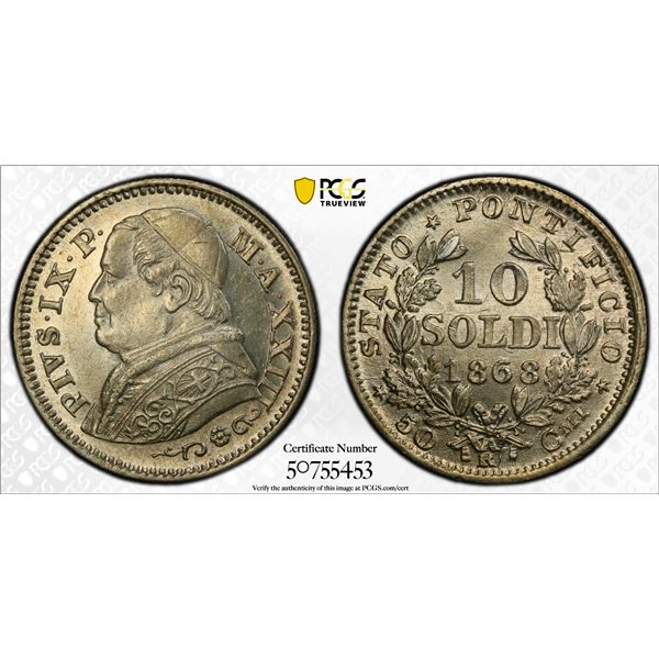 PAPAL STATES: Pius IX, 1846-1878, AR 10 soldi / 50 centesimi, 1868-R year XXIII, PCGS MS63