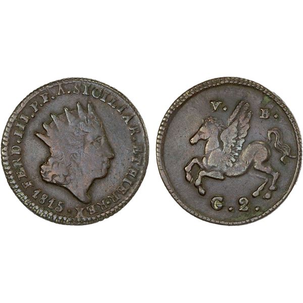 SICILY: Ferdinando III, 3rd reign, 1814-1816, AE 2 grani (5.90g), 1815, F-VF