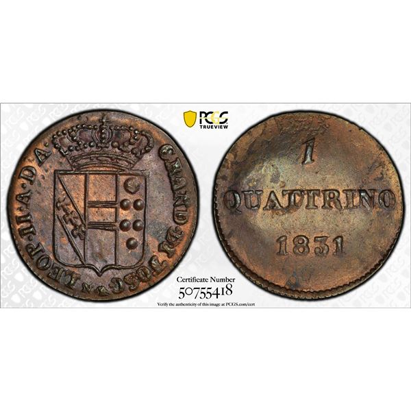 TUSCANY: Leopold II, 1824-1859, AE quattrino, 1831, PCGS UNC details