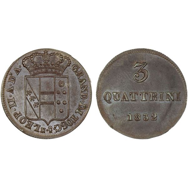 TUSCANY: Leopold II, 1824-1859, AE 3 quattrini, 1832, AU