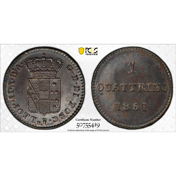 TUSCANY: Leopold II, 1824-1859, AE quattrino, 1851, PCGS MS63 BN