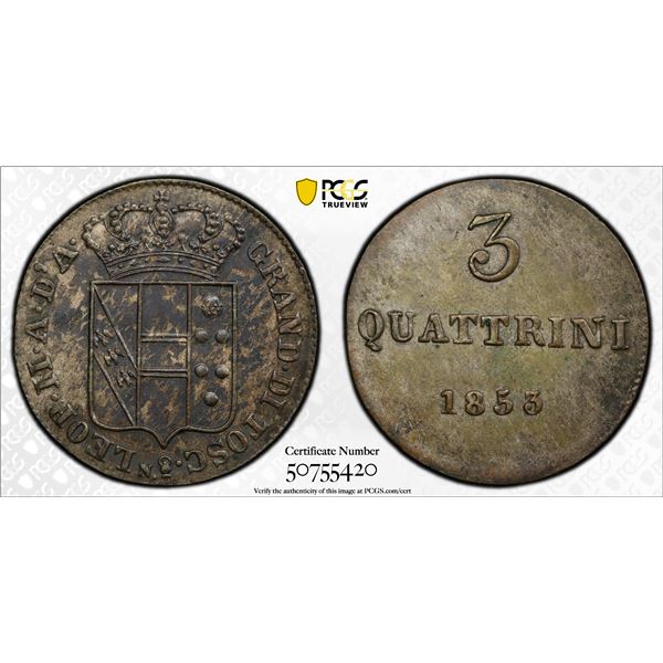 TUSCANY: Leopold II, 1824-1859, AE 3 quatrtrini, 1853, PCGS MS62 RB
