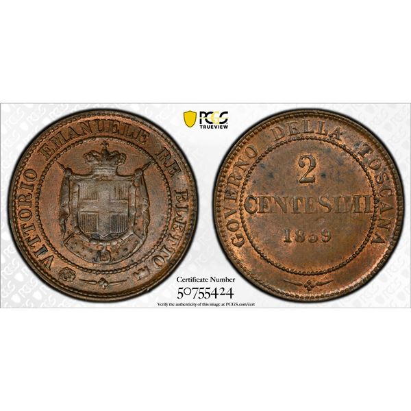 TUSCANY: Victor Emmanuel II, 1859-1860, AE 2 centesimi, 1859, PCGS MS63 BN
