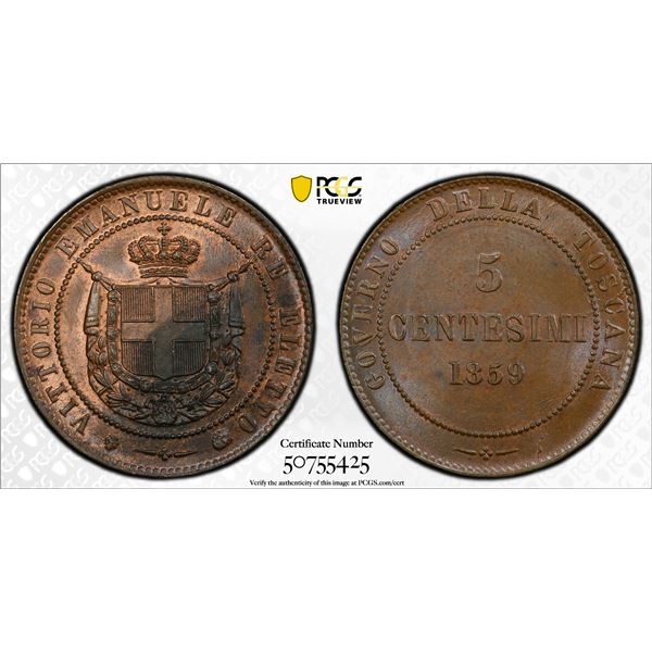TUSCANY: Victor Emmanuel II, 1859-1860, AE 5 centesimi, 1859, PCGS MS63 BN