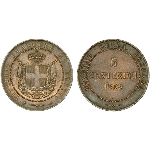 TUSCANY: Victor Emmanuel II, 1859-1860, AE 5 centesimi, 1859, AU