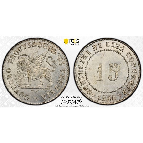 VENICE: Republic, BI 15 centesimi, 1849, PCGS MS65