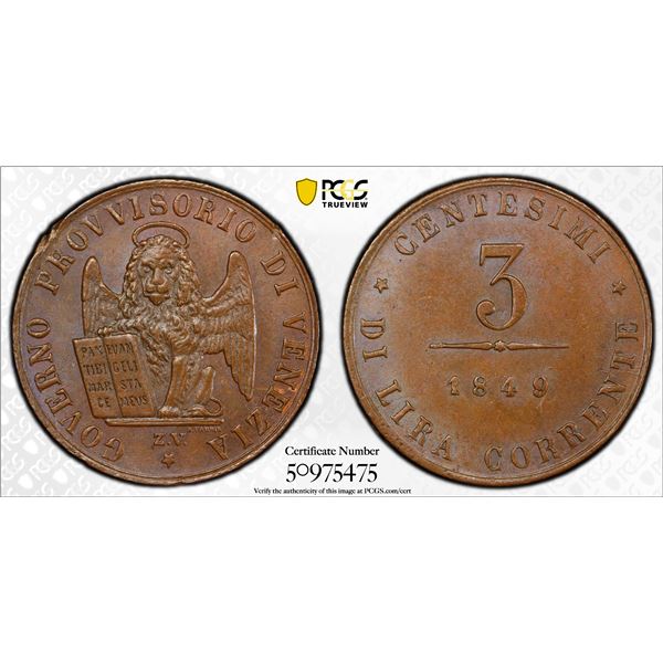 VENICE: Republic, AE 3 centesimi, 1849, PCGS MS64 BN