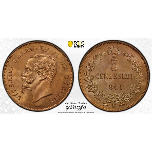 ITALY: Vittorio Emanuele II, 1861-1878, AE 5 centesimi, 1861-M, PCGS MS65 RB