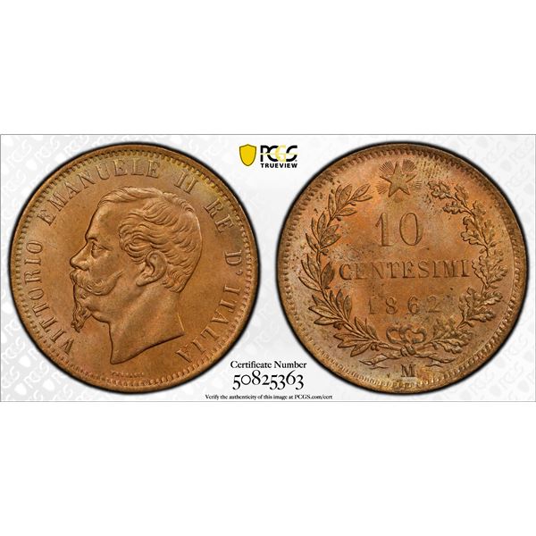 ITALY: Vittorio Emanuele II, 1861-1878, AE 10 centesimi, 1862-M, PCGS MS65 RB