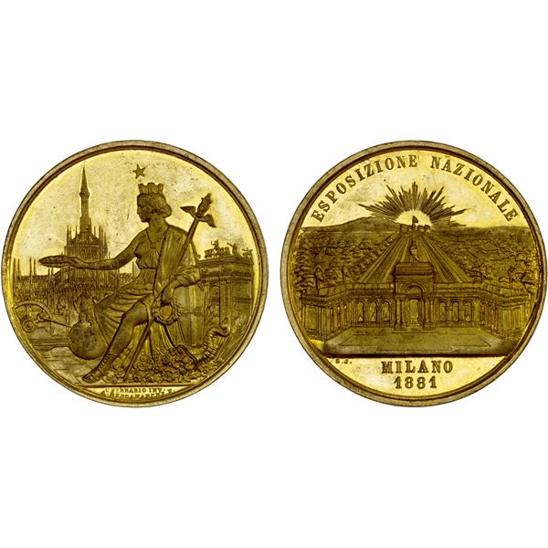 ITALY: gilt AE medal (39.49g), 1881, Italian Industrial Exhibition in Milan, Brilliant UNC