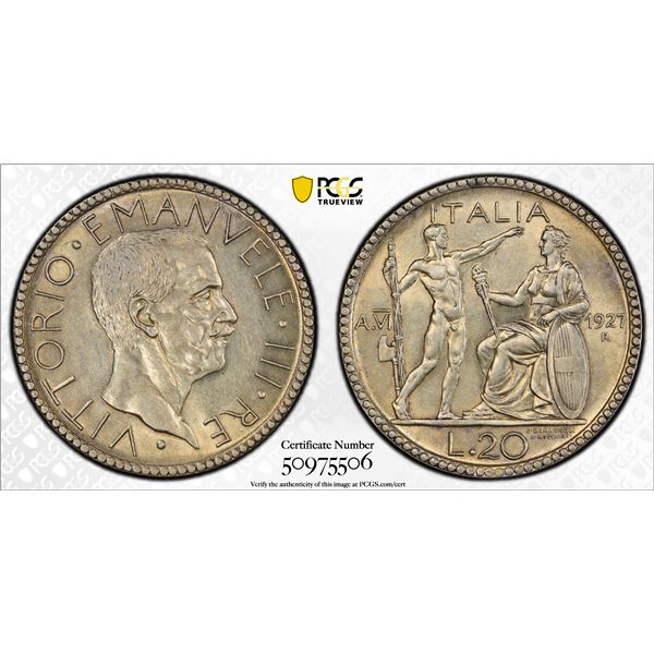 ITALY: Vittorio Emanuele III, 1900-1946, AR 20 lire, 1927-R, PCGS AU58