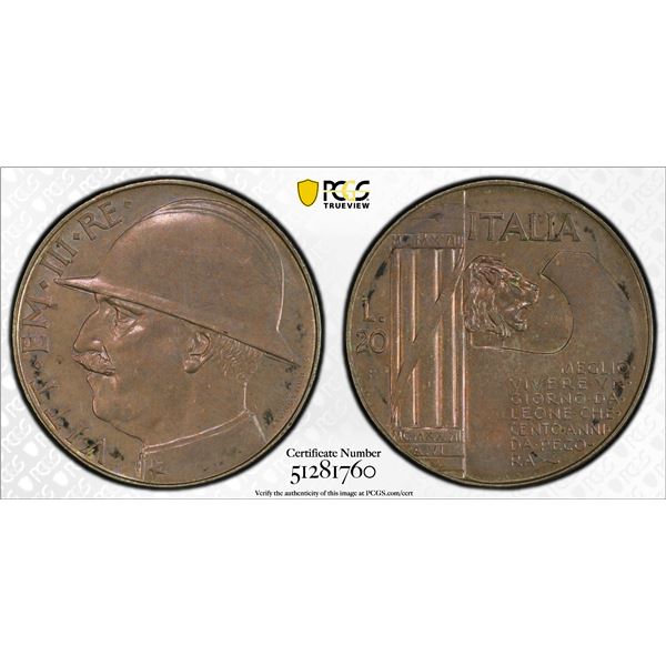 ITALY: Vittorio Emanuele III, 1900-1946, AR 20 lire, 1928-R year VI, PCGS UNC details