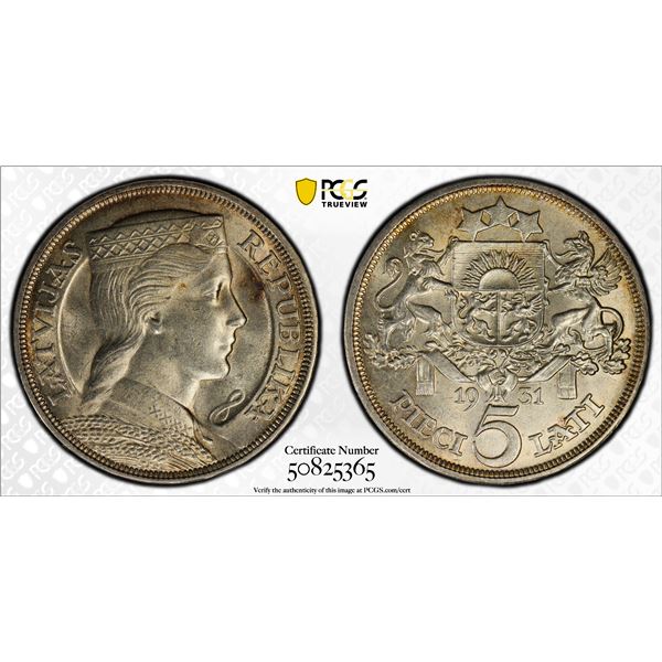 LATVIA: republic, AR 5 lati, 1931, PCGS MS63