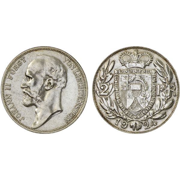 LIECHTENSTEIN: AR 2 franken, 1924, About XF