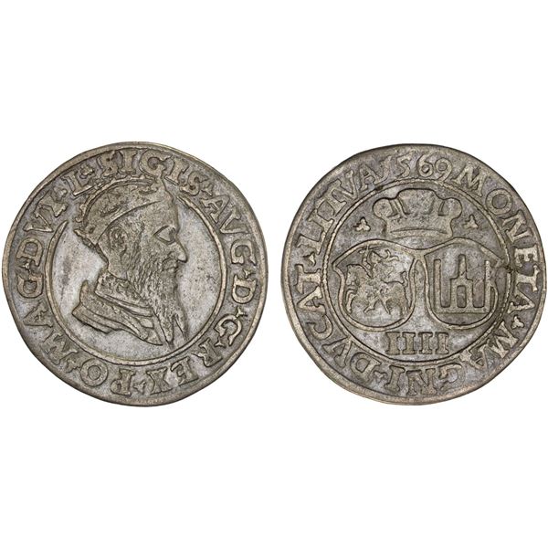 LITHUANIA: Zygmunt II August, 1529-1572, AR 4 grosz (groschen) (3.84g), Vilnius, 1569, F-VF