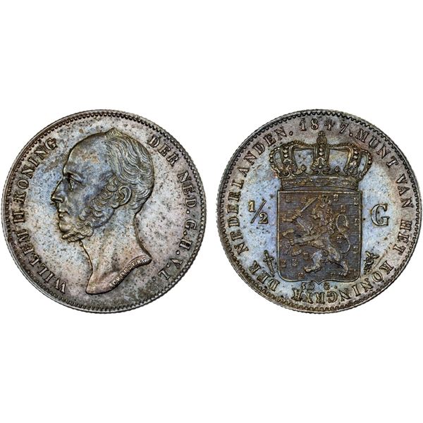 NETHERLANDS: Willem II, 1840-1849, AR 1/2 gulden, 1847, XF-AU