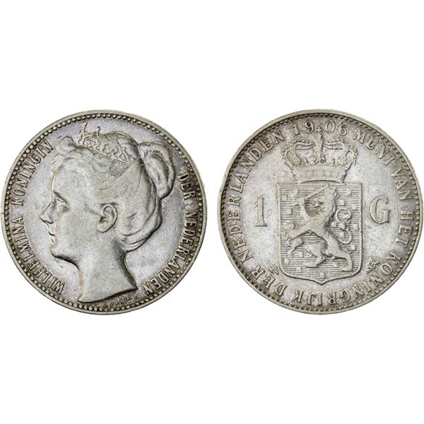 NETHERLANDS: Wilhelmina I, 1890-1948, AR gulden, 1906, F-VF