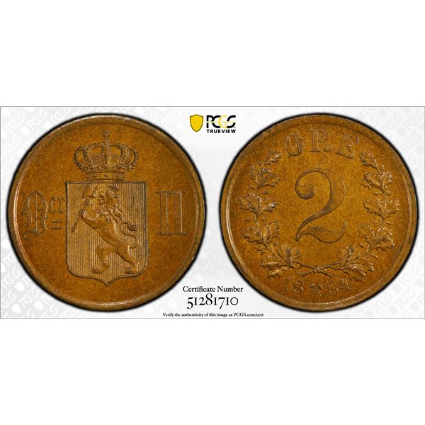 NORWAY: Oscar II, 1872-1905, AE 2 ore, 1884, PCGS MS64 BN