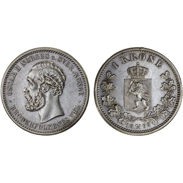 NORWAY: Oscar II, 1872-1907, AR krone, 1893, VF-XF
