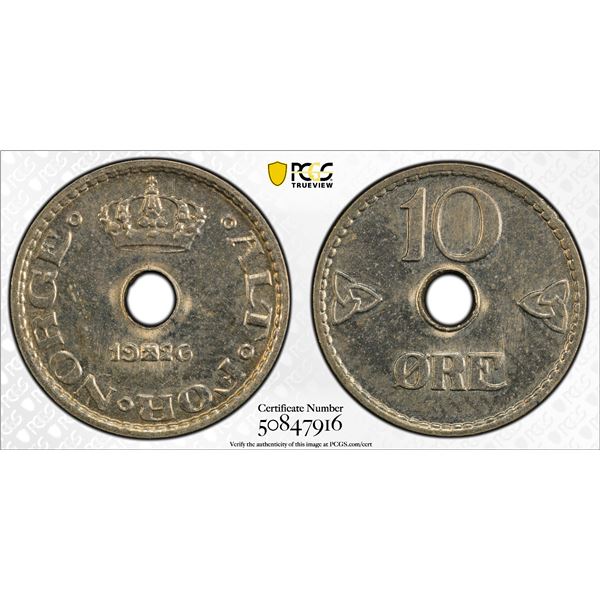 NORWAY: Haakon VII, 1905-1957, 10 ore, 1926, PCGS MS64