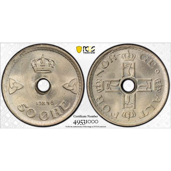 NORWAY: Haakon VII, 1905-1957, 50 ore, 1948, PCGS MS65