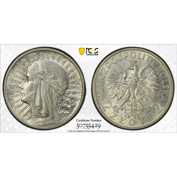POLAND: Second Republic, AR 2 zlote, Warsaw, 1933, PCGS MS62