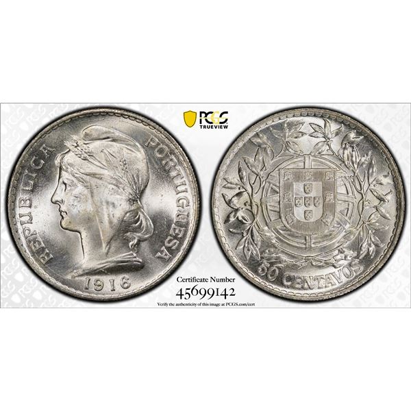 PORTUGAL: Republic, AR 50 centavos, 1916, PCGS MS64