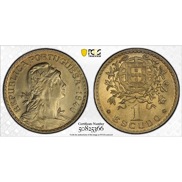 PORTUGAL: Republic, 1 escudo, 1940, PCGS MS65