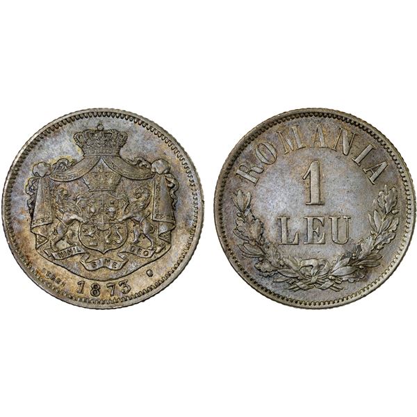 ROMANIA: Carol I, as Prince, 1866-1881, AR leu, 1873, XF