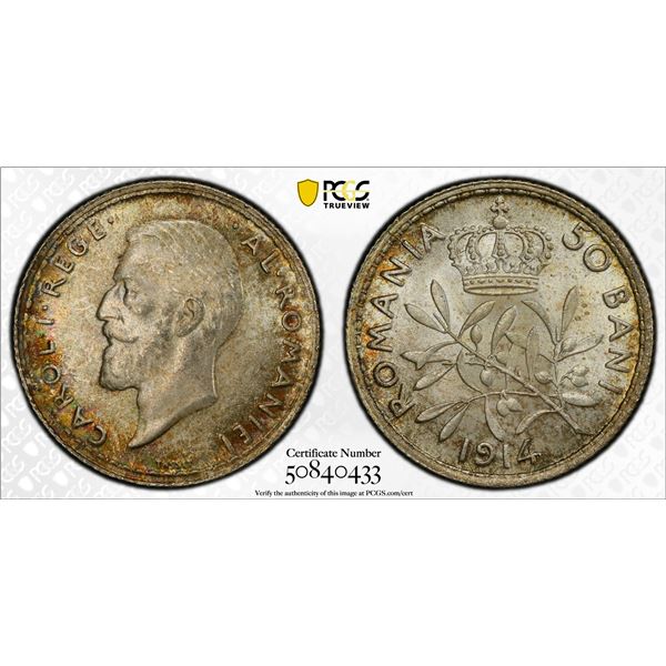 ROMANIA: Carol I, King, 1894-1914, AR 50 bani, 1914-B, PCGS MS65