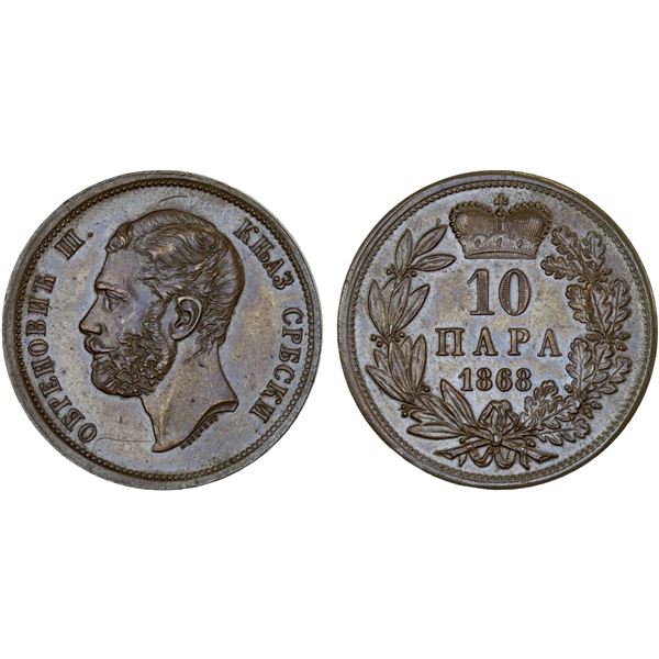 SERBIA: Michael, Obrenovich III, 1860-1868, AE 10 para, 1868, AU