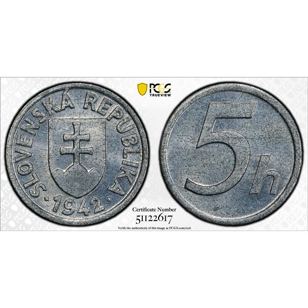 SLOVAKIA: Republic, 5 halierov, 1942, PCGS MS65