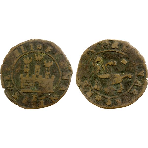 SPAIN: Reyes Catolicos, 1474-1504, BI 2 maravedis (4.11g), Cuenca, ND-P, VG