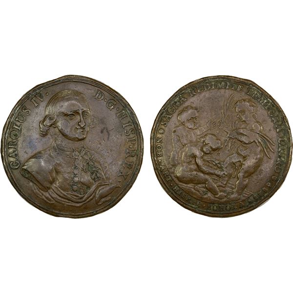 SPAIN: Carlos IV, 1788-1808, AR proclamation medal (39.49g), 1789, VF