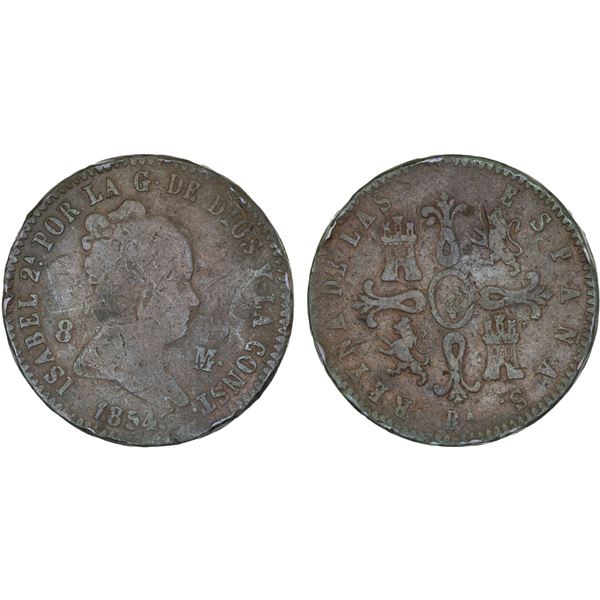 SPAIN: Isabel II, 1833-1868, AE 8 maravedis, 1854-Ba, VG to Fine