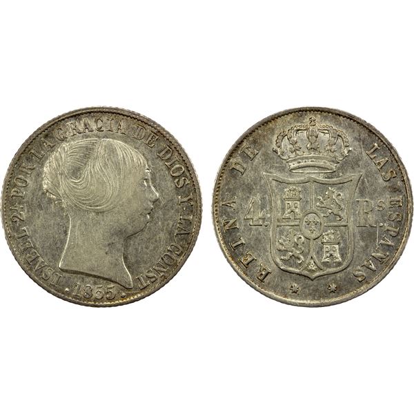 SPAIN: Isabel II, 1833-1868, AR 4 reales, Seville, 1855, XF
