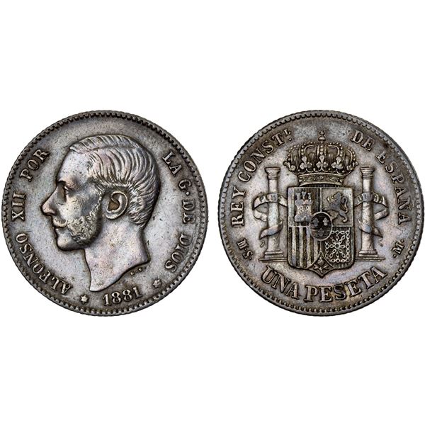 SPAIN: Alfonso XIII, 1886-1931, AR peseta, 1881(81), Choice VF