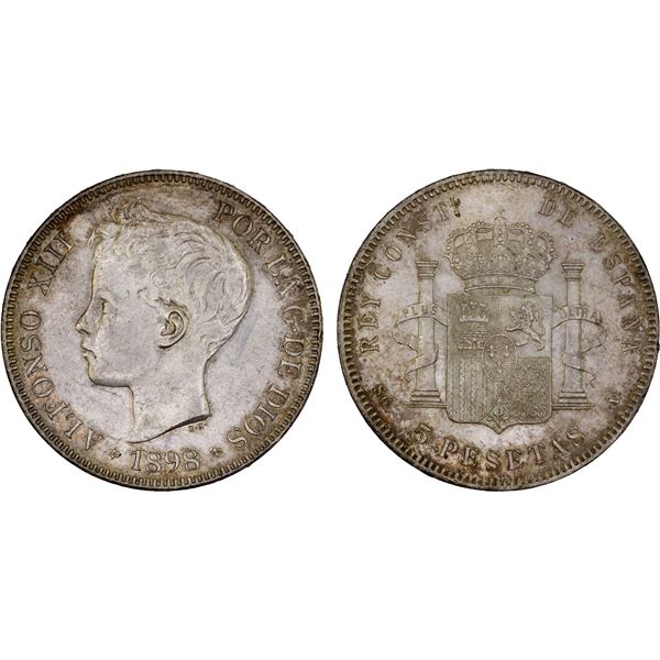 SPAIN: Alfonso XIII, 1886-1931, AR 5 pesetas, 1898, Choice AU