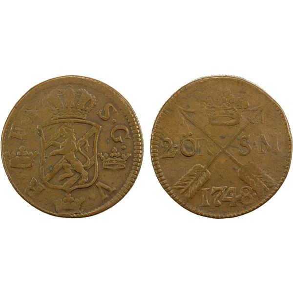 SWEDEN: Frederick I, 1720-1751, AE 2 öre, 1748, VF