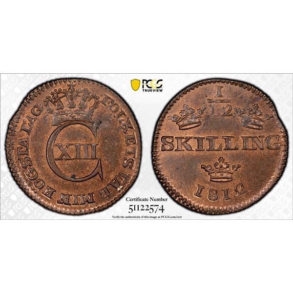 SWEDEN: Karl XIII, 1809-1818, AE 1/12 skilling, 1812, PCGS MS63 BN