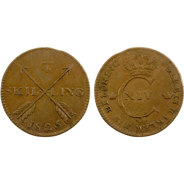 SWEDEN: Carl XIV Johan, 1818-1844, AE ¼ skilling, 1825, XF