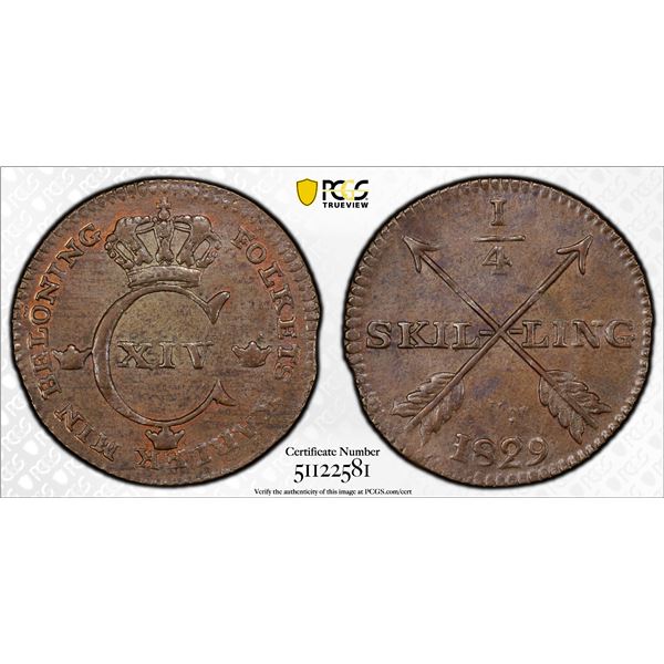 SWEDEN: Karl XIV Johan, 1818-1844, AE 1/4 skilling, 1829, PCGS MS63 BN