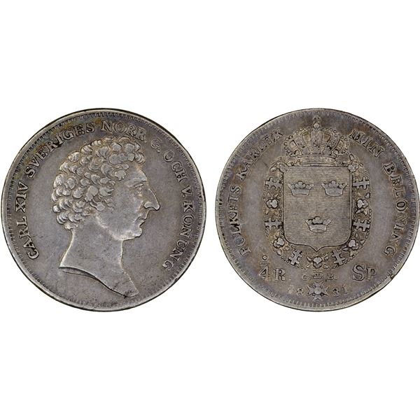 SWEDEN: Carl XIV Johan, 1818-1844, AR 1/4 riksdaler, 1831, Choice VF