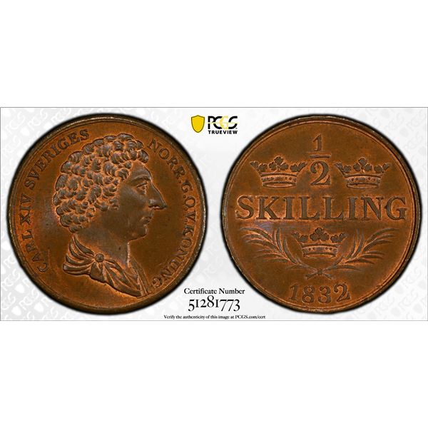 SWEDEN: Carl XIV Johan, 1818-1844, AE 1/2 skilling, 1832, PCGS MS65 RB