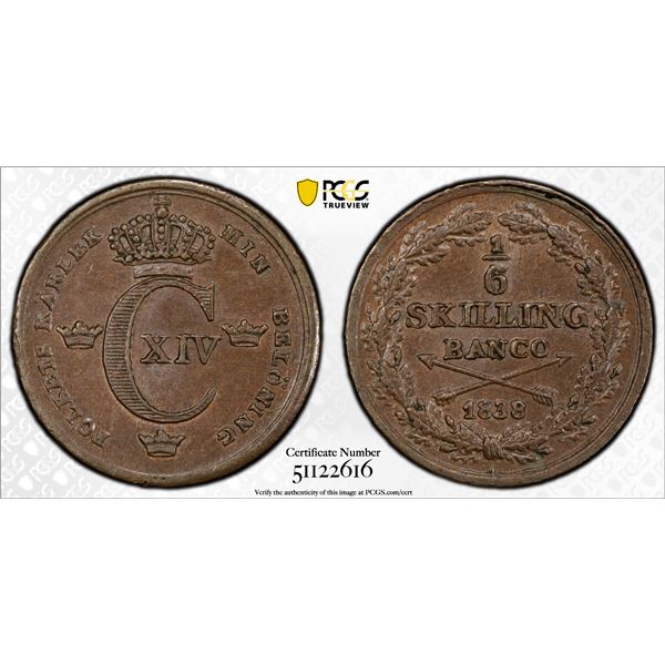 SWEDEN: Karl XIV Johan, 1818–1844, AE 1/6 skilling, 1838, PCGS MS64 BN