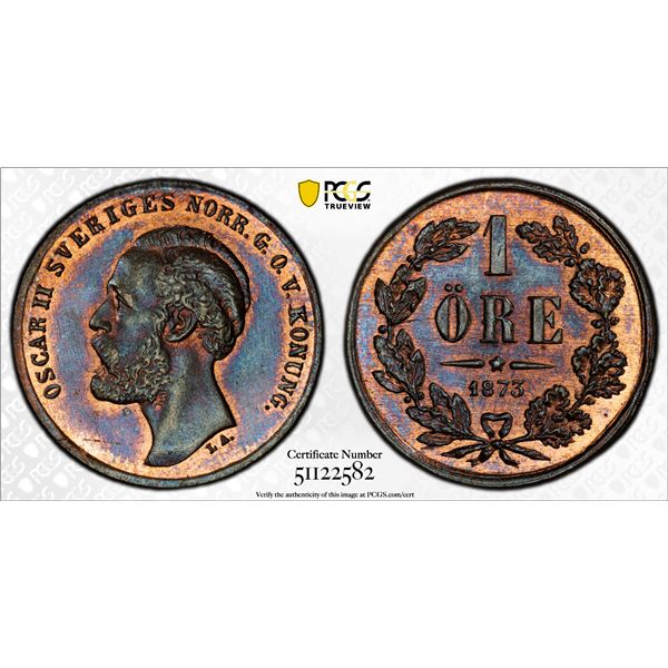 SWEDEN: Oscar II, 1872-1907, AE ore, 1873, PCGS MS64 RB