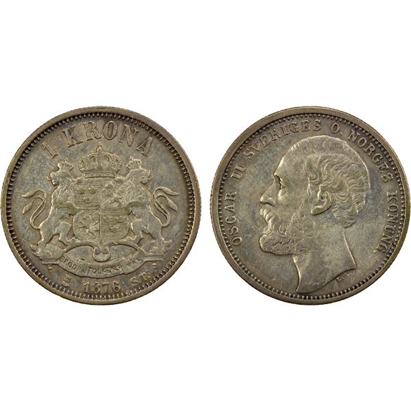 SWEDEN: Oscar II, 1872-1907, AR krona, 1876, XF